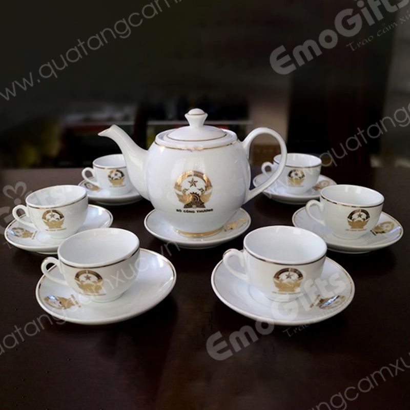 Bộ bình trà sứ trắng viền vàng cao cấp  